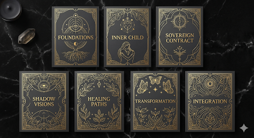 The seven modules of The Shadow Work Journal — Foundations, Inner Child, Sovereign Contract, Shadow Visions, Healing Paths, Transformation, Integration